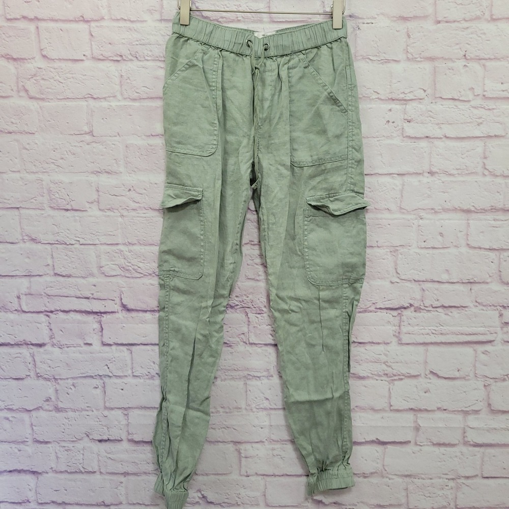 Nicole Miller Sage Green Linen Cargo Pants Joggers Women XS Cuffed Utility Gorp